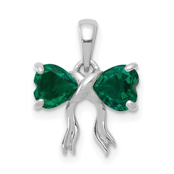 Million Charms 14k White Gold Polished Created Green Emerald Bow Charm Pendant